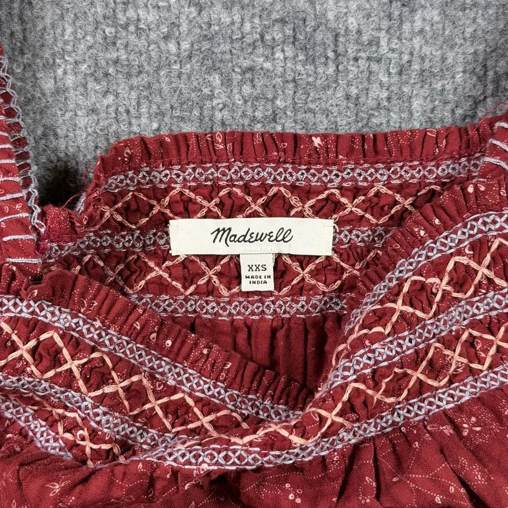 Madewell Smocked Puff Sleeve Top Women XXS Red Floral Square Neck Dotted Vines